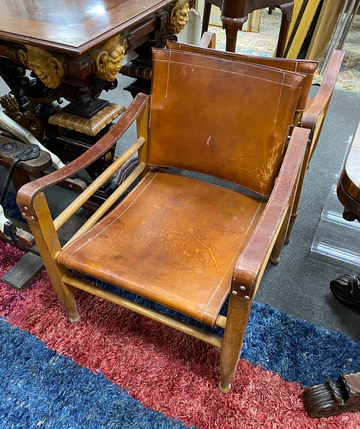 A pair of Scandinavian armchairs, possibly designed by K Klint, made by Aage Bruun & Son, 1960s, width 57cm, depth 57cm, height 70cm